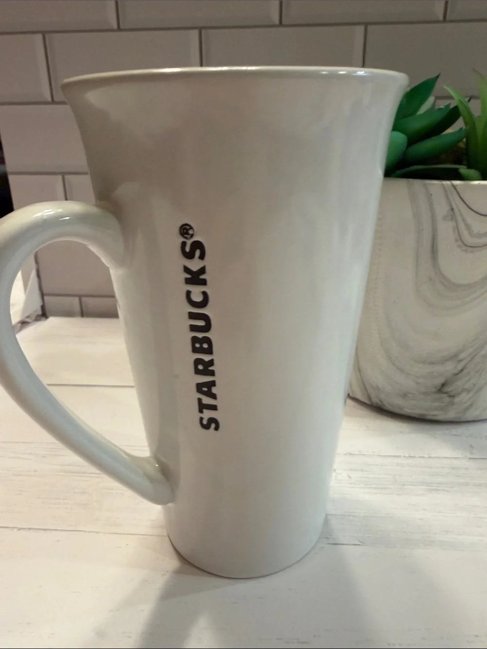 Starbucks White Ceramic Mug with Black Siren Logo and Black Lid